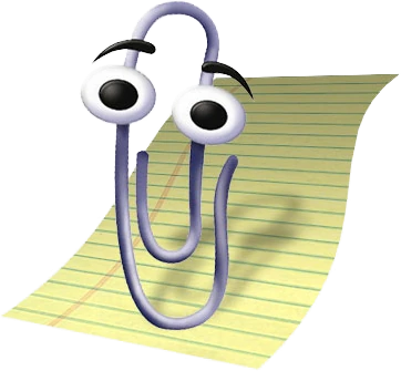 Clippy, the paperclip assistant from Microsoft Office, with wide eyes and raised eyebrows