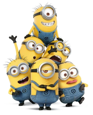 A pile of Minions, the small yellow characters in goggles and overalls, cheering